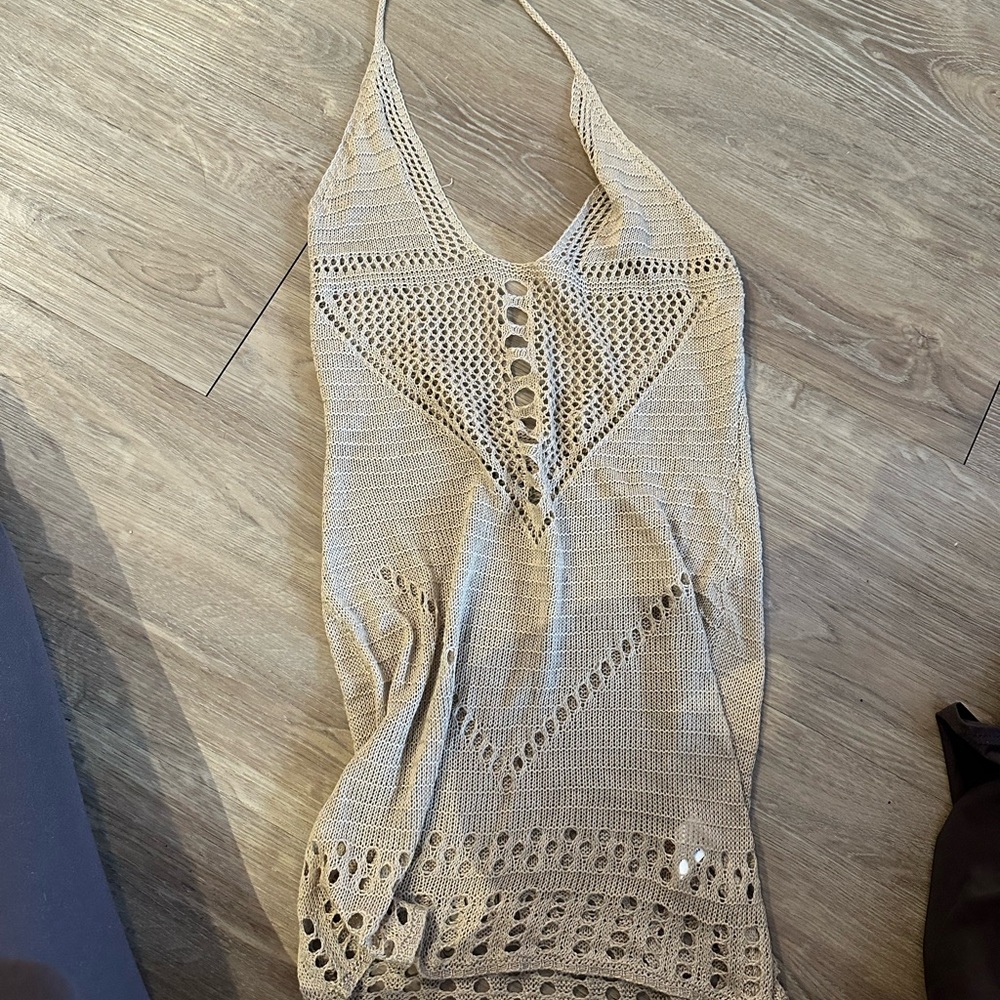 Beige Crochet Halter Swim Cover-Up